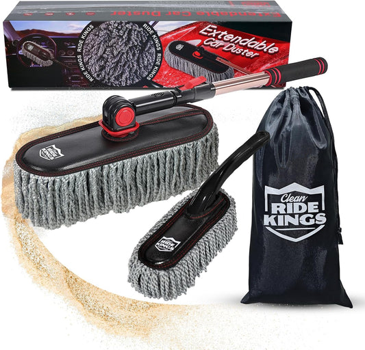 Car Duster Exterior Scratch Free with Extendable Handle, Microfiber Car Cleaning Brush for Dust Removal + Small Detailing Brush for Interior Care