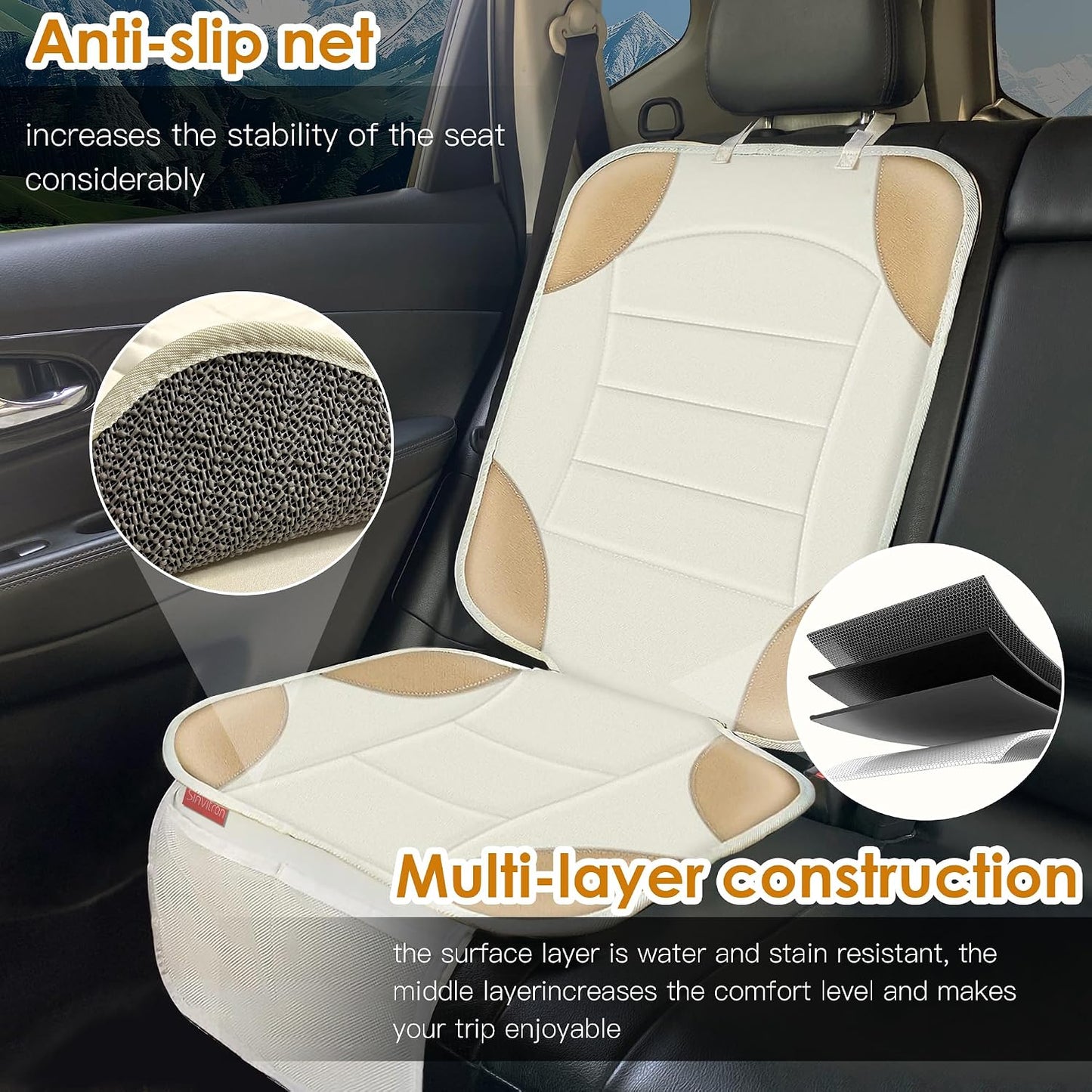 Sinvitron Car Seat Protector for Child Car Seat - Waterproof Non-Slip Leather Mat with 2 Mesh Pockets, Universal Seat Cover for Baby, Pets & Vehicles(2-Pack,Black)