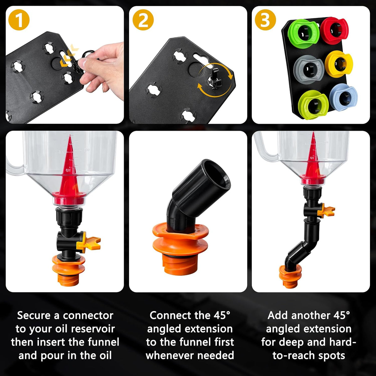 18 Pack No Spill Engine Oil Funnel Kit，1.59QT/1.5L Automotive Oil Funnel Set， 2 Magnetic Adapter Organizer Boards 12 Adapters Compatible with GM, Ford, BMW, Audi, Land Rover Etc
