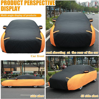 Riakrum Full Car Cover Waterproof All Weather for Automobiles Windproof Cover Rain UV Protection Sun Scratch Resistant Outdoor Universal(Fit Sedan Length (185-193'') 70'' H,Black, Orange)