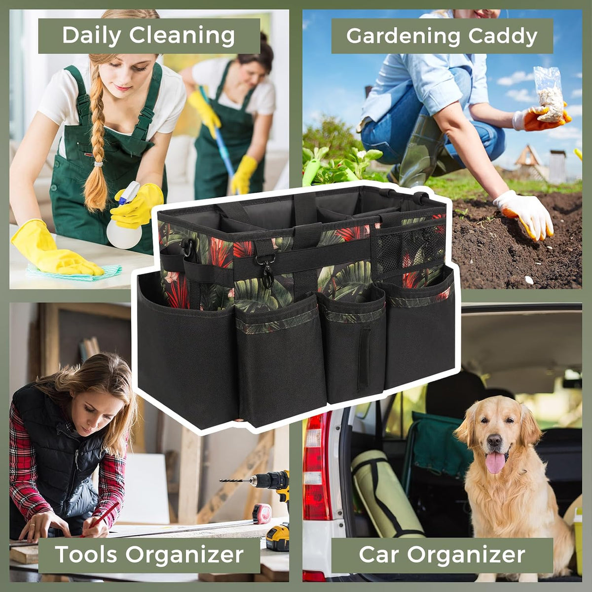 SCAVATA Wearable Cleaning Caddy Organizer with Handle & Shoulder Straps for Housekeepers, Under Sink & Car Cleaning Tool Organizer Bag with 4 Foldable Dividers (Green)