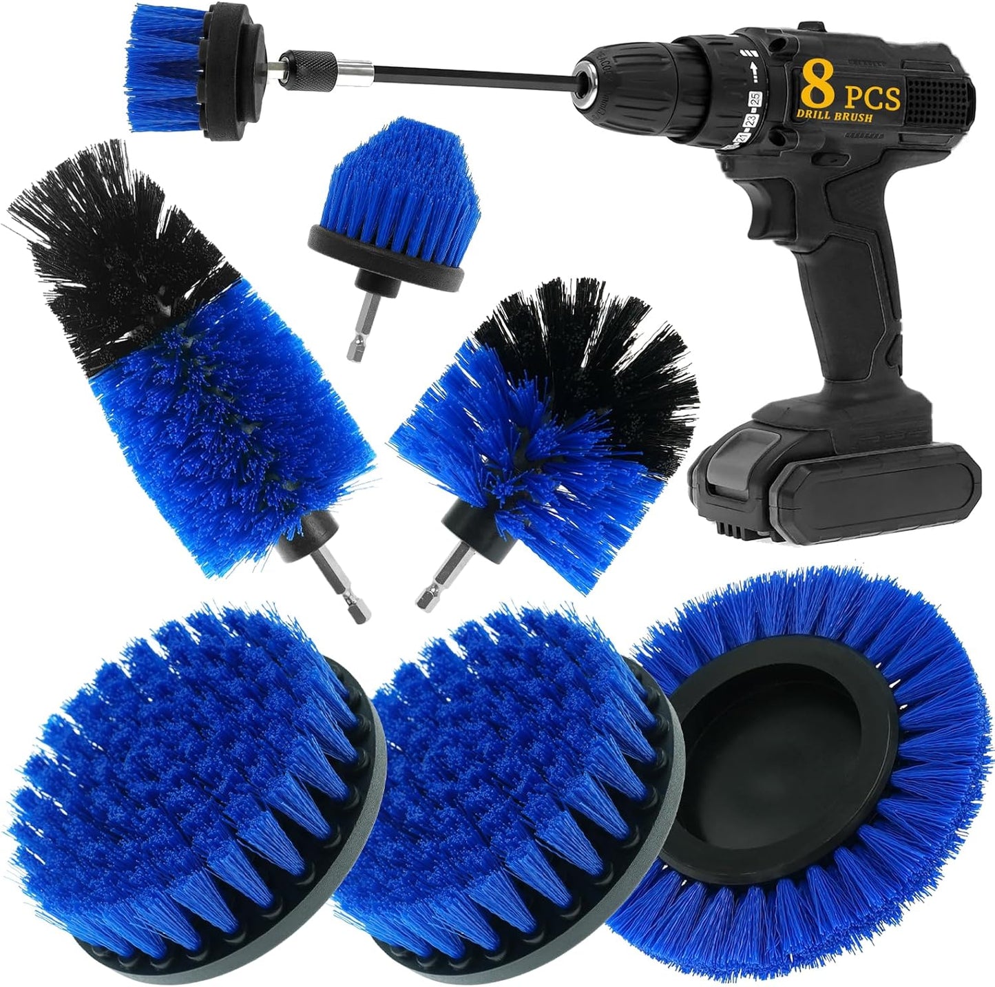 8 Pcs Drill Brush Attachment Set, Power Cleaning Scrub Brush Kit with Extend Long Attachment, All Purpose Drill Scrub Brushes for Car, Grout, Floor, Tub, Bathroom and Kitchen (Yellow)