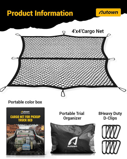 AUTOWN Cargo Net for Pickup Truck Bed - Stretchable 4'x4' to 7'x7', High Elastic Fine Mesh 1''x1'' with 8 Metal Carabiners - Ideal for ATV, SUV, UTV, Truck and Boat Use (Single Layer)
