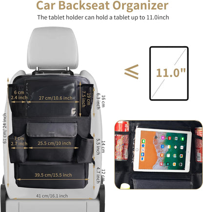 LUCMO Car Backseat Organizer with Tablet Holder,6 Storage Pockets Car Storage Organizer with Foldable Food Tray,Protectors Kick Mats Travel Accessories-Black