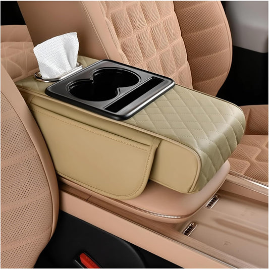 Zpana Car Center Console Armrest Pillow, Memory Foam Leather 4 in 1 Vehicle Arm Rest Cover with Tissue Box 2 Side Storage Bag Cup & Phone Holder, Auto Armrest Cushion, Universal Fit (Black)