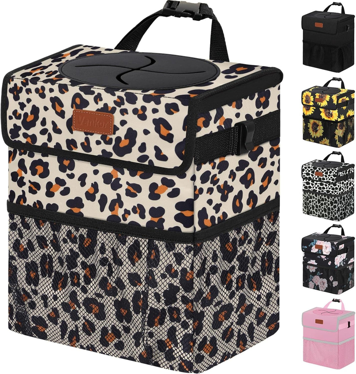 Vankor Car Trash Can Bin with Lid Hanging for Back Seat, Car Accessories for Women Men Leak Proof Automotive Garbage Cans Leakproof Vehicle Trash Can for Truck SUV Black