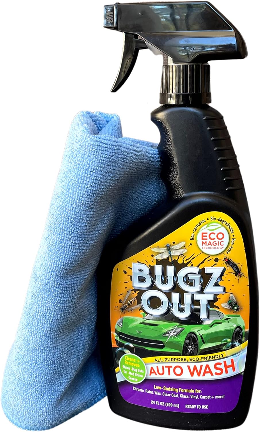 Car Bug Cleaner, Remover & Wash - Spray Bugs, Tar, Bird Poop Off Exterior of Car & Windshield. Remove Black Streaks Without Scratching or Removing Paint. 24 oz bottle w/ Microfiber Cloth
