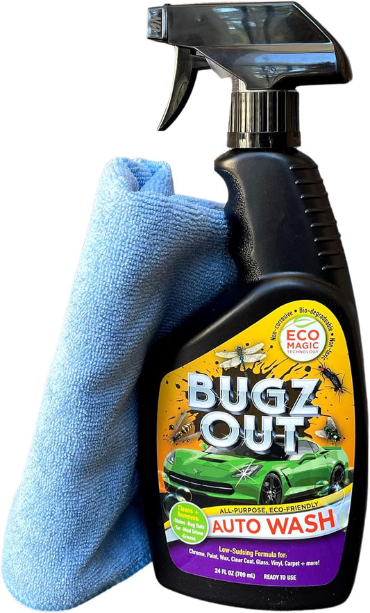 Car Bug Cleaner, Remover & Wash - Spray Bugs, Tar, Bird Poop Off Exterior of Car & Windshield. Remove Black Streaks Without Scratching or Removing Paint. 24 oz bottle w/ Microfiber Cloth