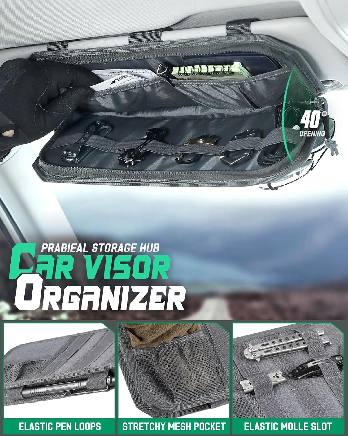 LIVANS Tactical Car Sun Visor Organizer, Auto Accessories Semi-Rigid Molle Panel with Zipper Storage Pouch & Glasses Holder, Gift for Car Gear, Fit Cars, Trucks, Suvs, Jeeps & Patrols (Gray)