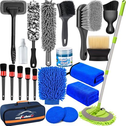 Car Detailing Kit, Car Detailing Brush Set with Vacuum, Bendable Car Wheel Rim Cleaner Brush Set, Car Detailing Brushes, Car Wash Cleaning Tools Kit for Interior, Exterior, Wheels, Blue