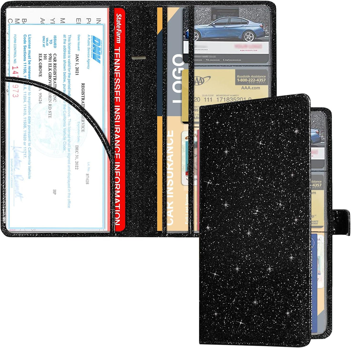 RSAquar Car Registration and Insurance Holder, Vehicle Glove Box Organizer Cool Car Accessories, Auto Truck Document Holder for Cards, Driver License, Black Glitter