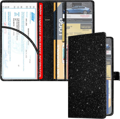 RSAquar Car Registration and Insurance Holder, Vehicle Glove Box Organizer Cool Car Accessories, Auto Truck Document Holder for Cards, Driver License, Black Glitter