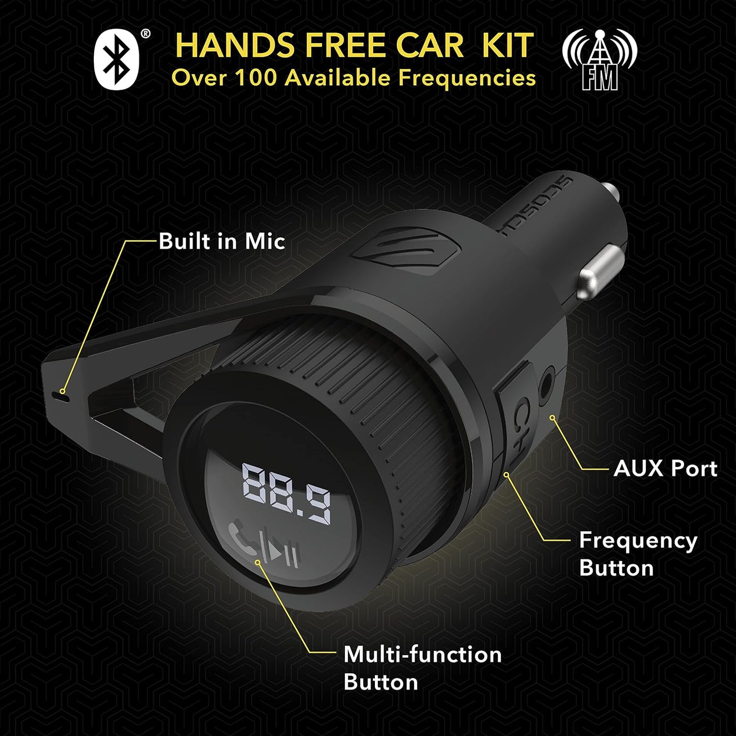 Scosche BTFM9 FM Bluetooth Transmitter Car, Dual 12W USB-C and USB-A Charging Ports, Fast Type C Car Charger, Wireless Radio Bluetooth Adapter, Hands-Free Kit for Calls, Siri and Google Assistant