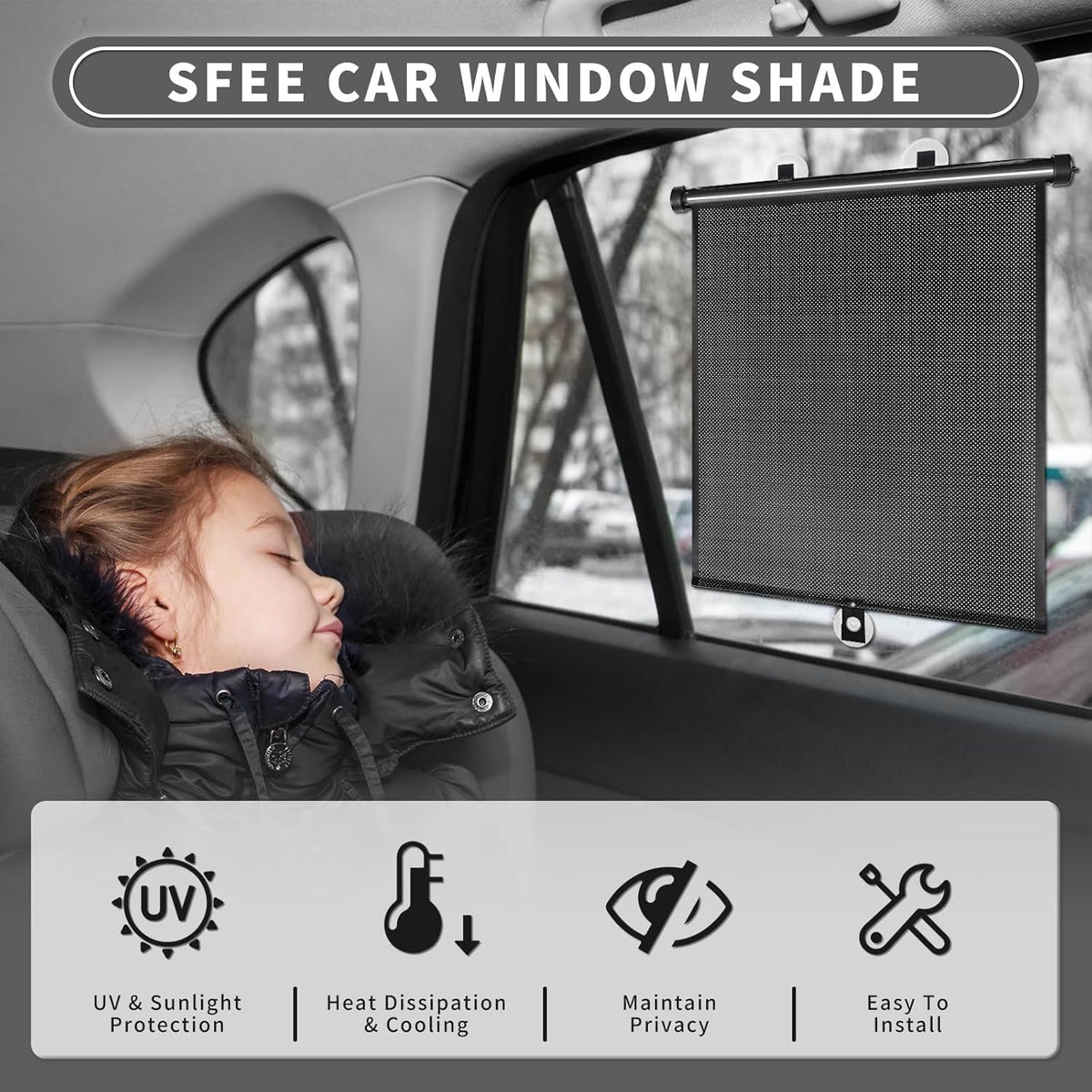 Sfee Car Window Shade for Side Windows, 2 Pack Sun Shade Retractable for Car Blocks Heat and UV Rays Glare Protection Roller Sunshade Visor for Baby, Kids, Pets, Passengers