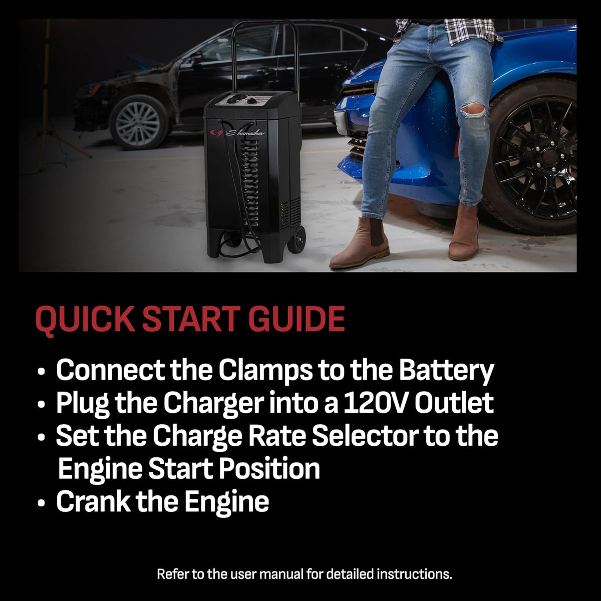 Schumacher Electric Wheeled Manual 10A Car Battery Charger and 250A Engine Starter, 2-in-1 Solution, 50A Boost, for 6V/12V Power Sport, Automotive, and Marine Batteries, SC1445