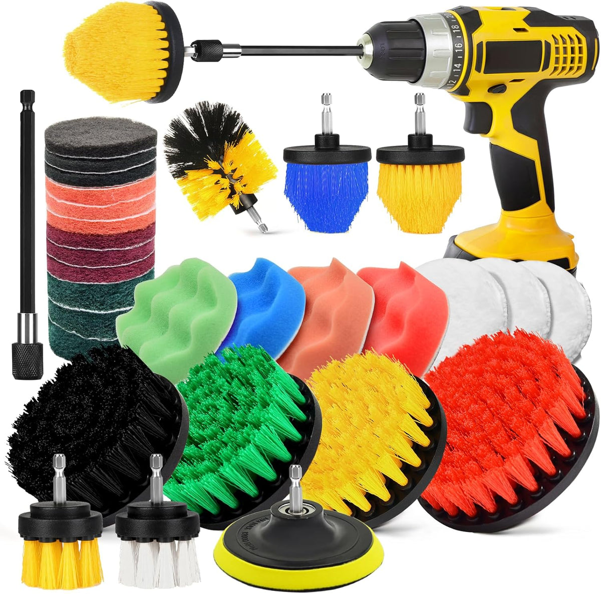 15Pcs Drill Brush Attachment Set, Drill Scrubber Brush Kit Include Soft Drill Wheel Brush, Scrub Pads, Sponge, Drill Cleaning Brush Attachment Set for Car, Bathroom, Tub, Tile, Floor, Grout, Boat
