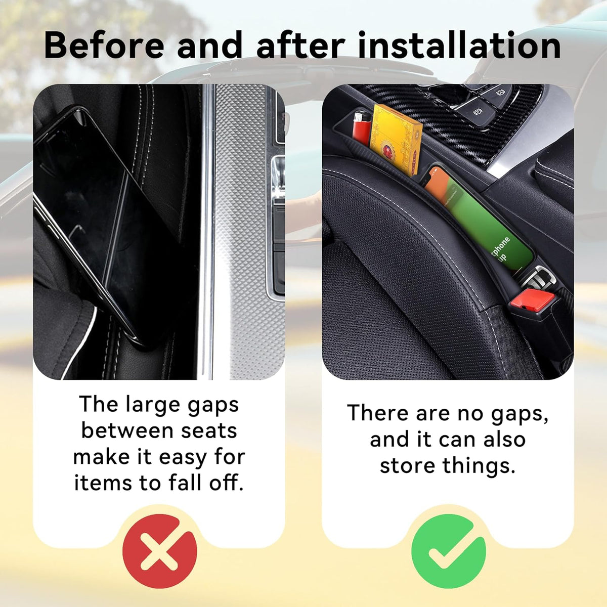 2PCS Car Seat Gap Filler, Anti-Drop Vehicle Console Crevice Blocker with 2 Storage Areas, Seat Side Seam Organizer Plug from Droping, Universal Automotive Interior Accessories(Black)