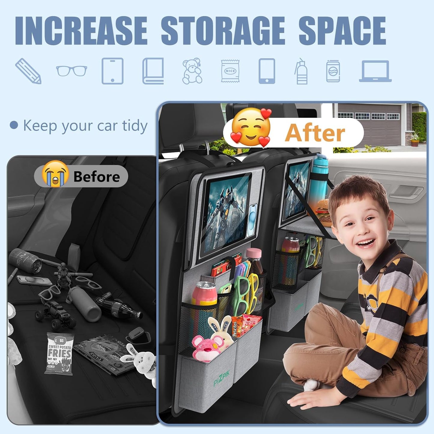 Plzpik Car Backseat Organizer with Tray(2Pack),13 Storage Pockets with Foldable Food Tray, Protector Kick Mats for Kids, Travel Accessories Organizer (Black)