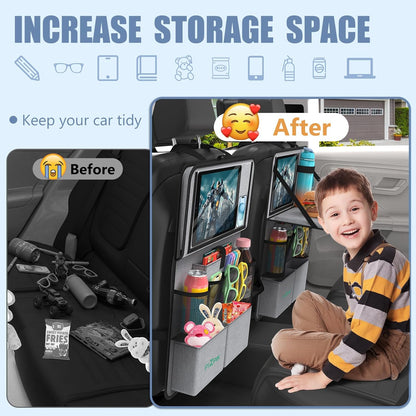 Plzpik Car Backseat Organizer with Tray(2Pack),13 Storage Pockets with Foldable Food Tray, Protector Kick Mats for Kids, Travel Accessories Organizer (Black)