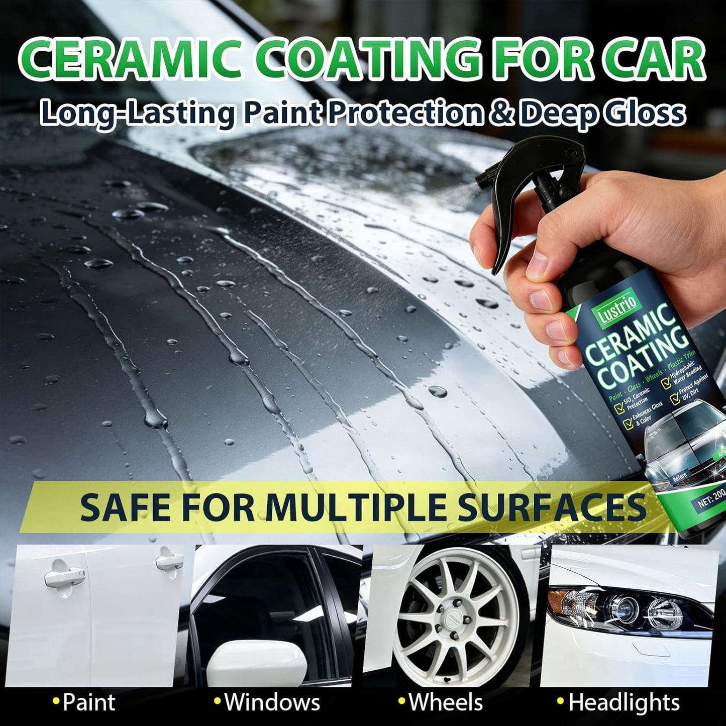 Ceramic Spray Coating 6.8oz – Hydrophobic Car Paint Sealant – Spray on & Wipe off – No White Residue – Safe on Paint Glass Trim Wheels – Includes Microfiber Towel