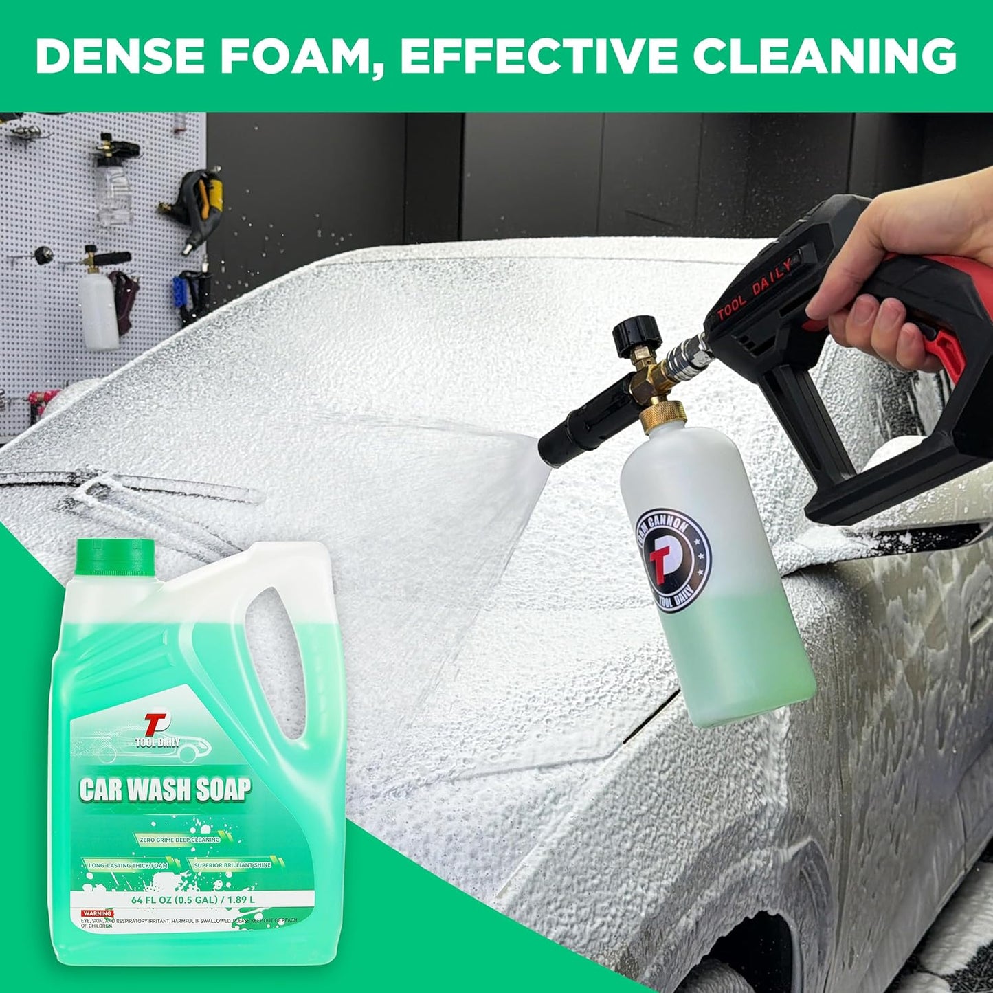 Tool Daily Short Pressure Washer Gun with Foam Cannon, 1/4 Inch Quick Connector, with 5 Pressure Washer Nozzle Tips, 1 Liter