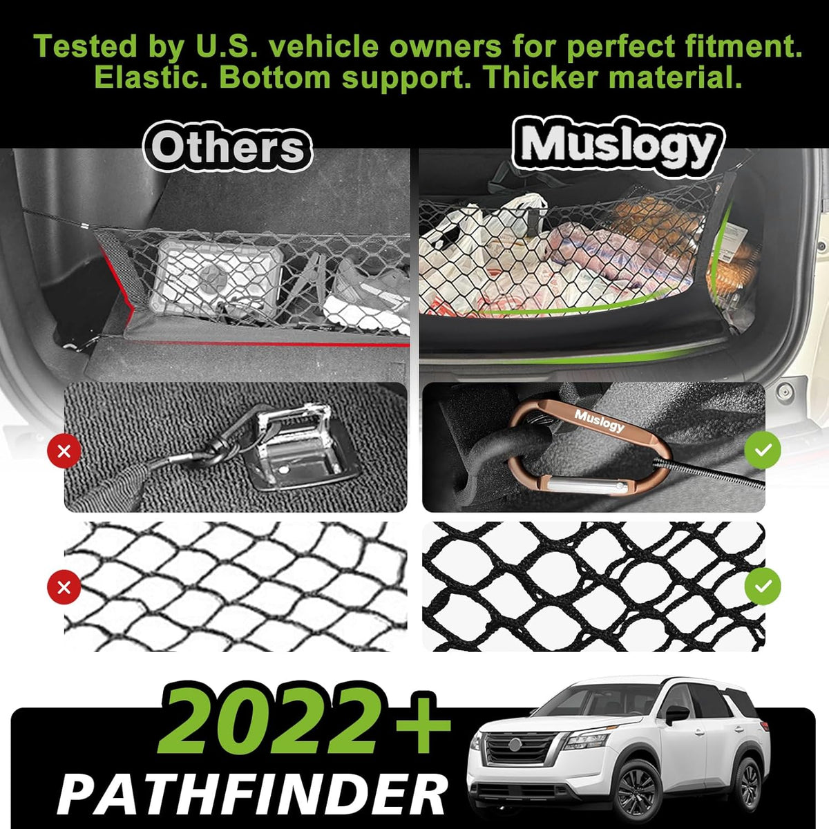 Muslogy Truck Bed Cargo Net Trunk Netting Compatible with 2023-2025 2026 Honda CR-V Accessories, Pickup Cargo Organizer SUV Sedan Storage Net w/Heavy Duty Carabiners - Colors A