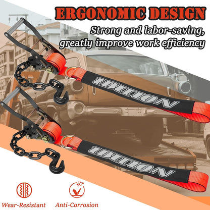 4 Pack Car Tie Down Straps for Trailers with Heavy Duty Chain Anchors 2" x 96" - 3,300 lbs Safe Working Load -Adjustable Wheel Straps with Chain Hook Anchors for Trailers.Orange