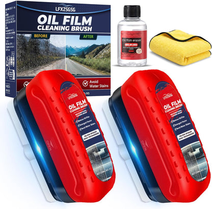 Oil Film Cleaning Brush for Car Windows, 2026 Upgraded Clear Vision Windshield Cleaner with Anti-Rain Coating, Improving Clarity & Safer Driving, Kit with Supplements & Towel, 2 pcs(Red)