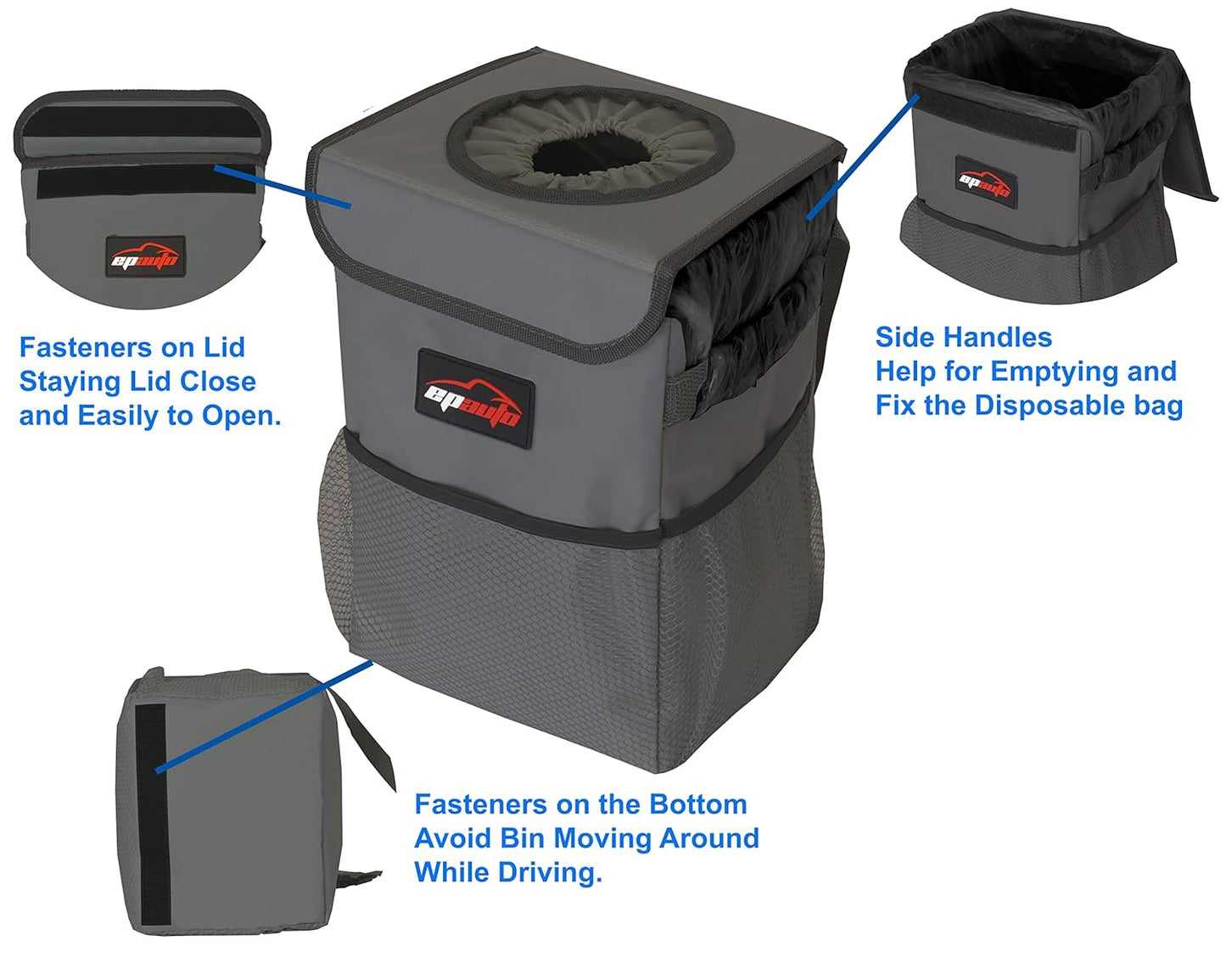 EPAuto Waterproof Car Trash Can with Lid and Storage Pockets, 2.5 Gallon, Black