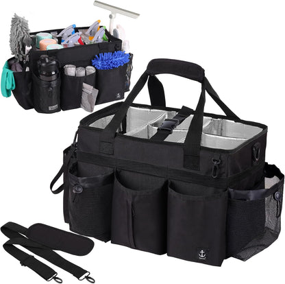 Large Cleaning Caddy Bag Built-in Sturdy Support Board, Cleaning Organizer with Detachable Divider, Cleaning Supply Tote with Adjustable Shoulder Strap&Waist Belt for Cleaners & Housekeeper