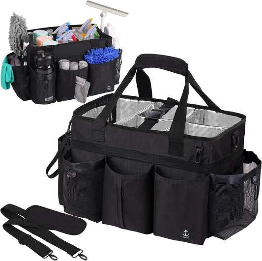 Large Cleaning Caddy Bag Built-in Sturdy Support Board, Cleaning Organizer with Detachable Divider, Cleaning Supply Tote with Adjustable Shoulder Strap&Waist Belt for Cleaners & Housekeeper
