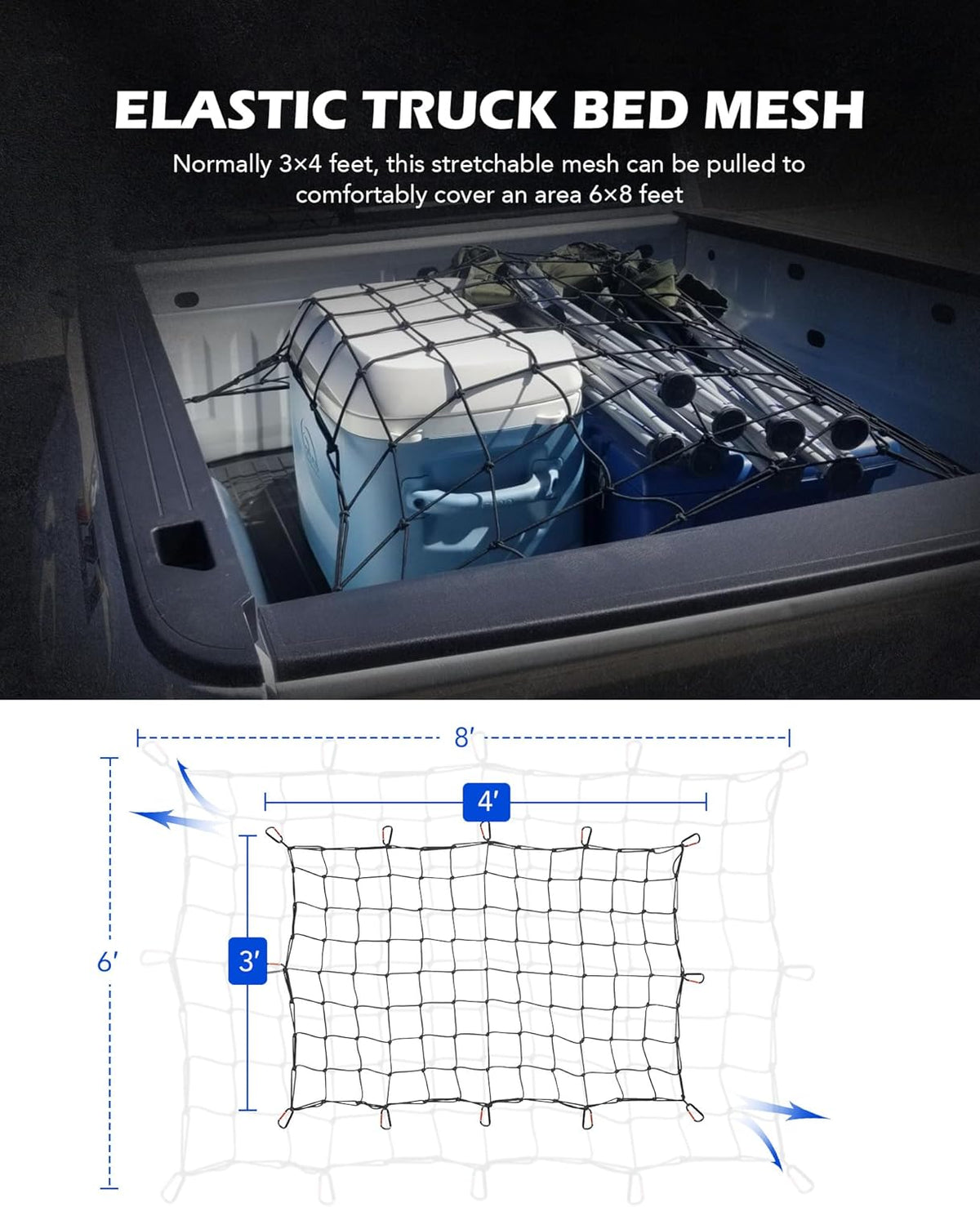 Orion Motor Tech 2'x3' Small Cargo Net with 2"x2" Small Mesh, 4x6 Foot Max Size Cargo Net for SUV Roof Rack Cargo Basket Net with Locking Carabiners, Ratchet Strap, Roof Rack Net