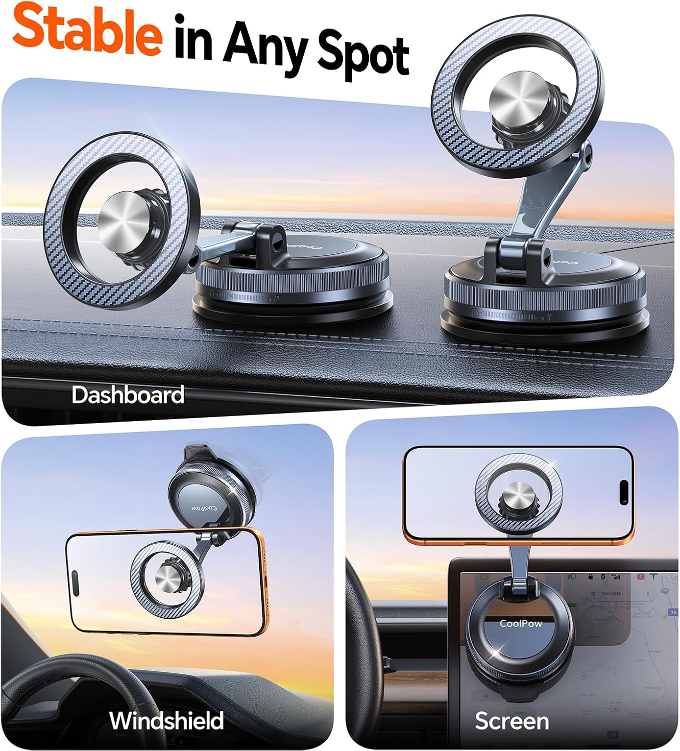 Coolpow for MagSafe Car Mount【Windshield+Vent+Dash】Magnetic Phone Holder for Car Phone Holder Mount Cell Phone Holders for Your Car Accessories Suction Phone Mount for Car Truck Stand for iPhone 17 16