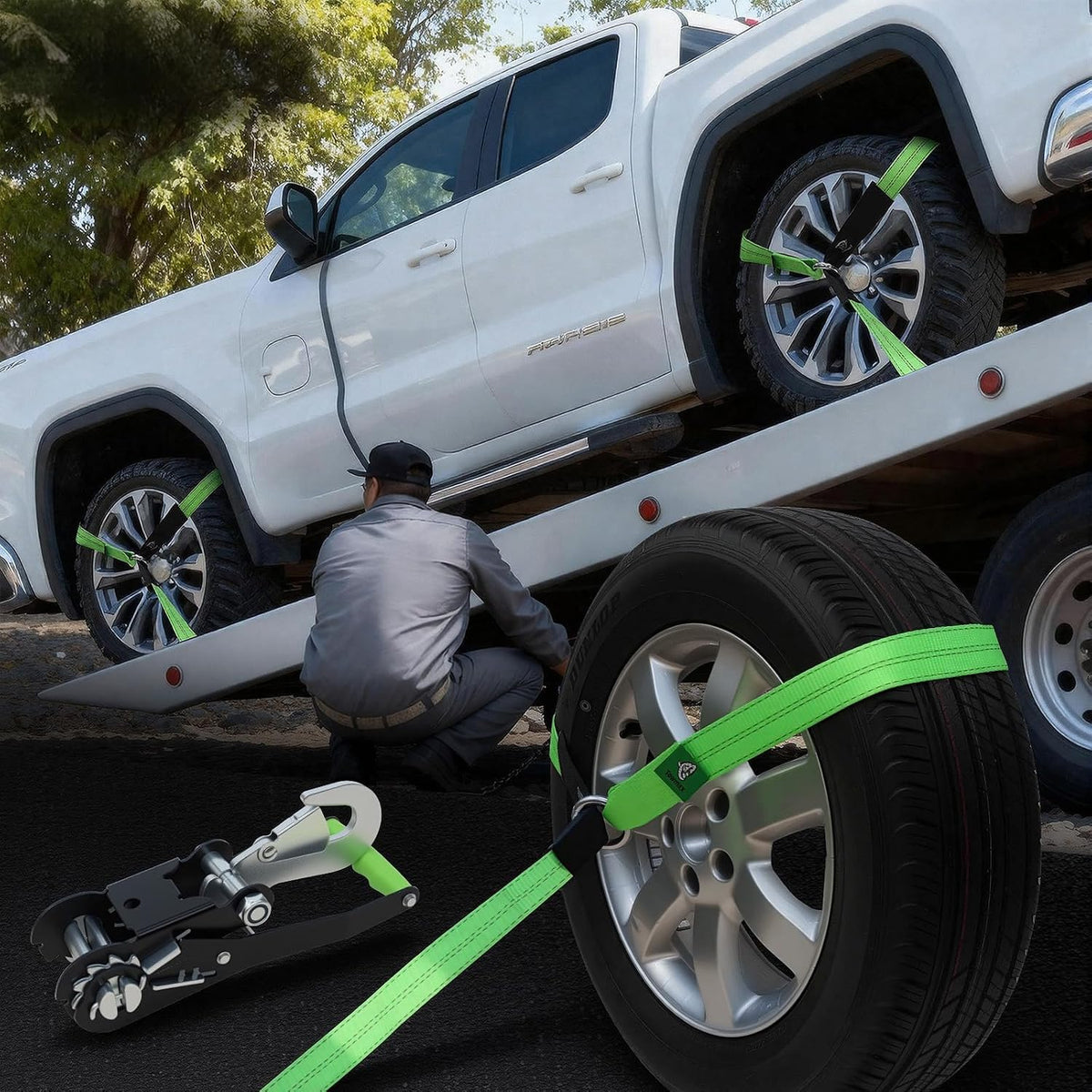 4 Pack Car Tie Down Straps for Trailers - 2" x 8' Heavy Duty Tire Straps with Snap Hooks - 10,000lbs Break Strength, Adjustable Lasso Style Wheel Straps for Hauling Cars, Truck, UTV(Green)