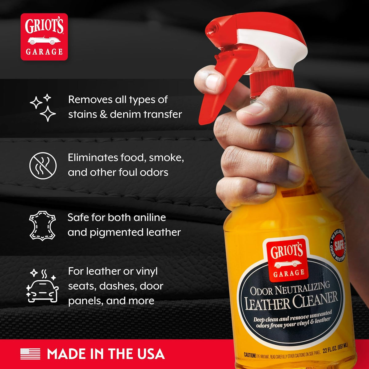 Griot's Garage Odor Neutralizing Leather Cleaner for Car Seats, Dashboard, Door Panels, Eliminates Unwanted Smells, 10971, 22oz
