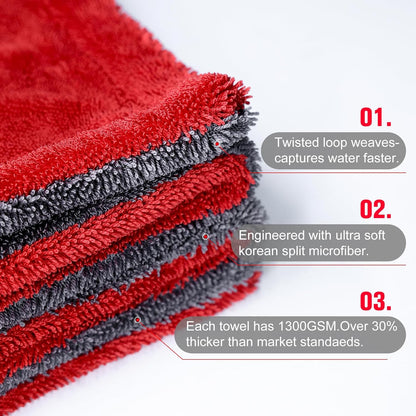2 Pack XL Car Drying Towel – 1300GSM Ultra Absorbent Microfiber, 24"x36" Large Size, Twisted Loop, Lint-Free & Streak-Free for Auto Detailing, Car, SUV, Truck (Gray-Gray)