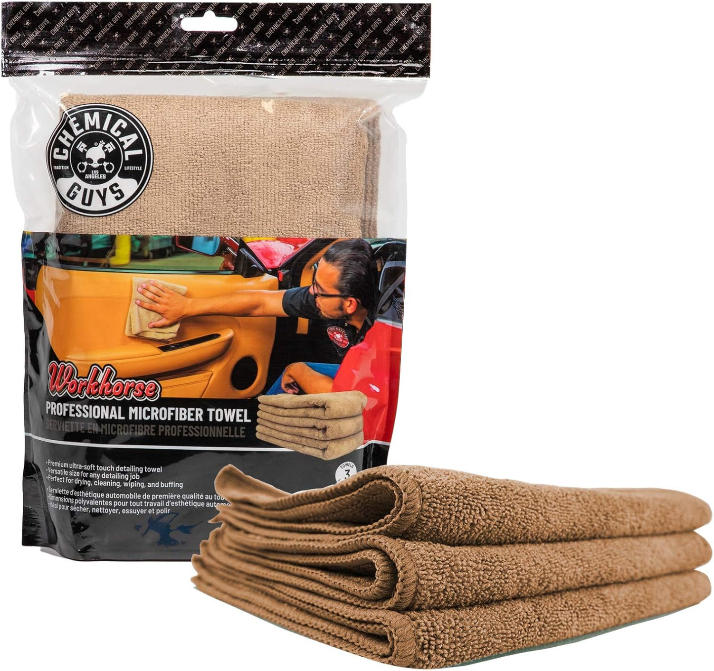 Chemical Guys Workhorse Professional Grade Microfiber Towels for Cars - Black 16x16 Inch Microfiber Cleaning Cloths for Home & Pet Drying, Soft & Scratch-Free, Washing, Drying & Cleaning, 3 Pack