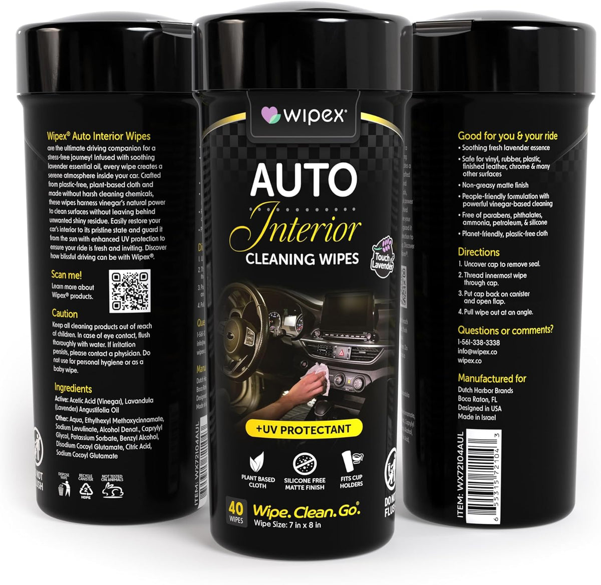 Wipex Auto Interior Car Cleaning Wipes - Plant Based Car Wipes - Lavender Essence, Safe for Vinyl, Rubber, Plastic, Leather, Chrome, Non-Greasy Matte Finish, UV Protectant, 40Ct Car Detailing Supplies