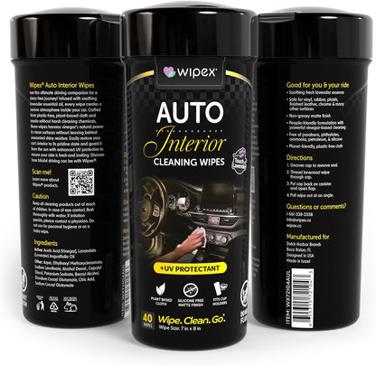 Wipex Auto Interior Car Cleaning Wipes - Plant Based Car Wipes - Lavender Essence, Safe for Vinyl, Rubber, Plastic, Leather, Chrome, Non-Greasy Matte Finish, UV Protectant, 40Ct Car Detailing Supplies