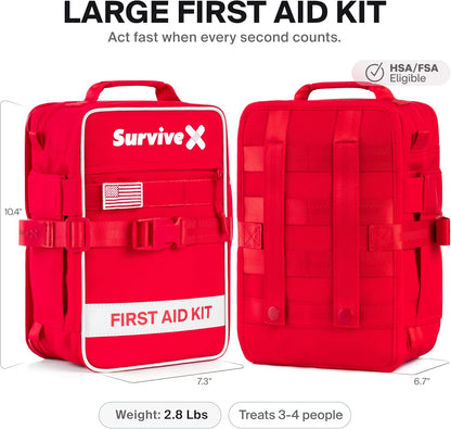 SurviveX Large First Aid Kit for Car, Travel & Home - Emergency Kit for Hiking, Camping, Backpacking and Outdoors - Includes Zip Stitch Wound Closure Strips