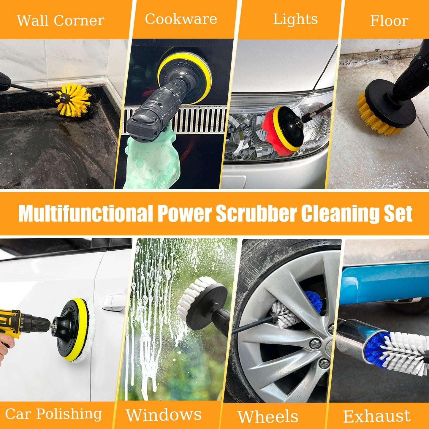 15Pcs Drill Brush Attachment Set, Drill Scrubber Brush Kit Include Soft Drill Wheel Brush, Scrub Pads, Sponge, Drill Cleaning Brush Attachment Set for Car, Bathroom, Tub, Tile, Floor, Grout, Boat