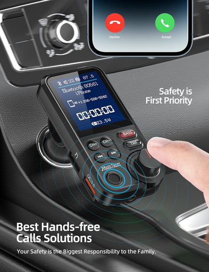 Nulaxy KM30 Bluetooth Car Adapter, FM Transmitter with 1.8" Color Screen, Hands-Free Calling Strong Mic, QC3.0 Fast Charging, Treble & Bass Sound Music Player, Wireless Radio Receiver, AUX TF USB