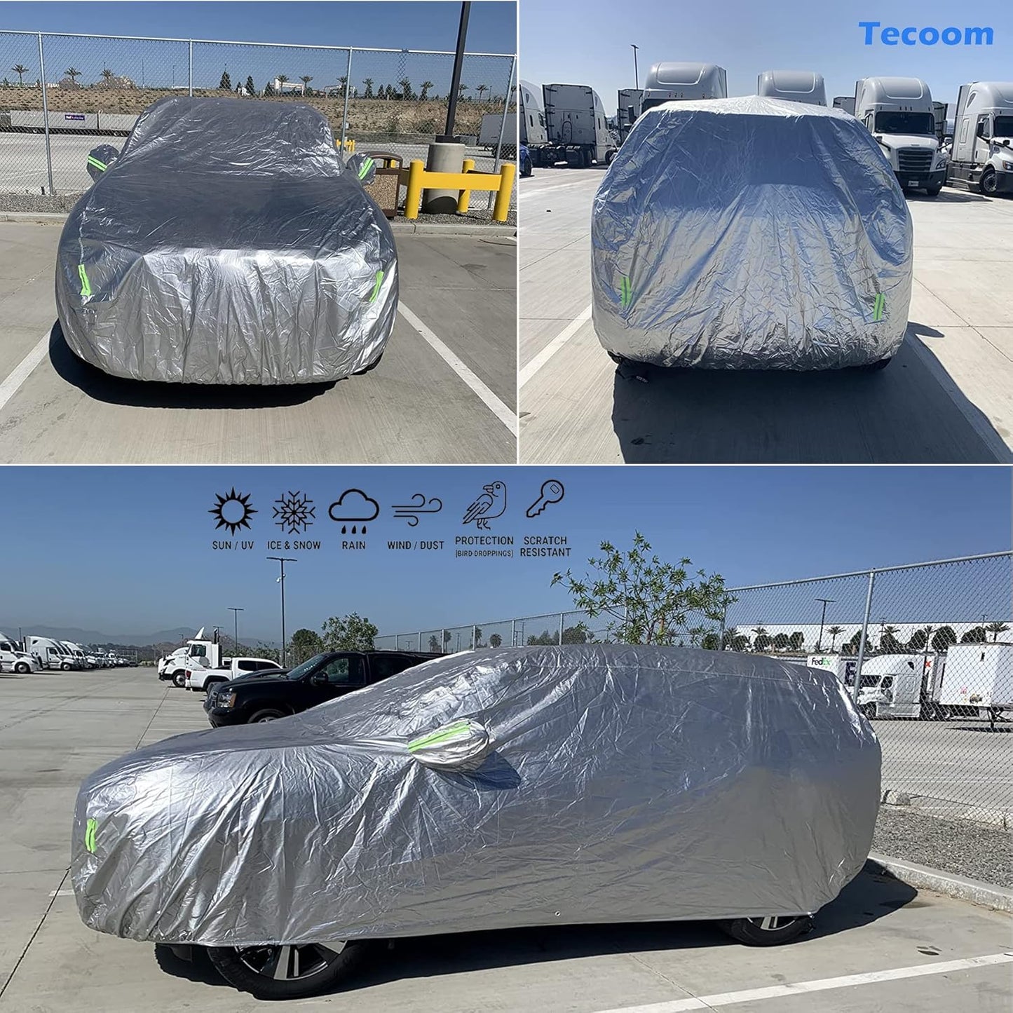 Tecoom Heavy Duty Multiple Layers Car Cover All Weather Waterproof Windproof Reflective Snow Sun Rain Protective Outdoor with Buckles and Belt Fit 191-200 Inches Sedan