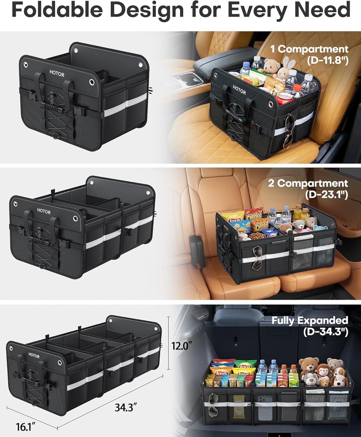 HOTOR Trunk Organizer for SUV – Car Storage Box with Reflective Strips, Collapsible Car Organizer with Large Capacity, Essential Car Accessories for Truck, Van & Sedan, Black, 33.1" x 13.0" x 12.0"