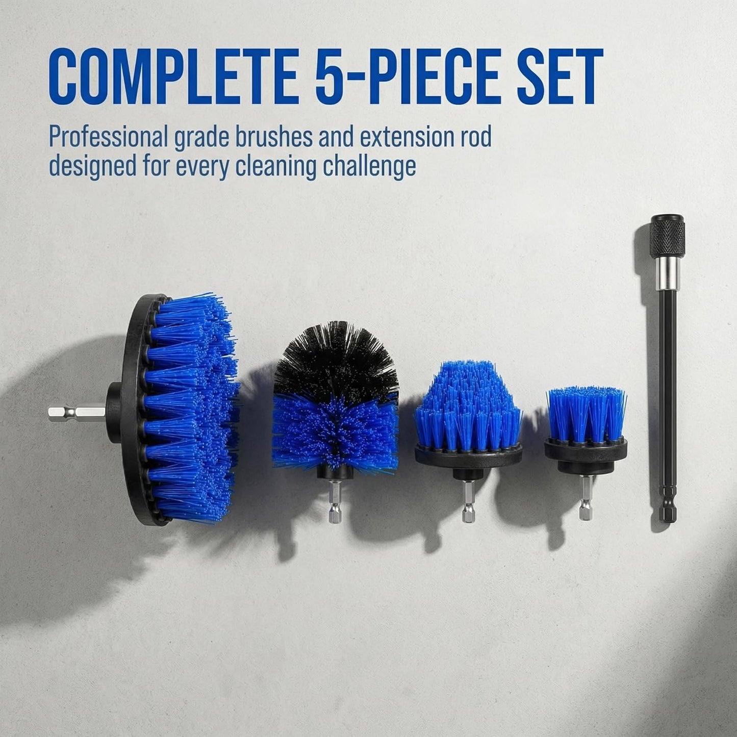 Drill Brush Attachment Set, 5 Pack Power Scrubber Cleaning Brush Kit with Extension Rod for Bathroom, Tub, Tile, Grout, Kitchen, Floor and Wheel Rims (Blue)