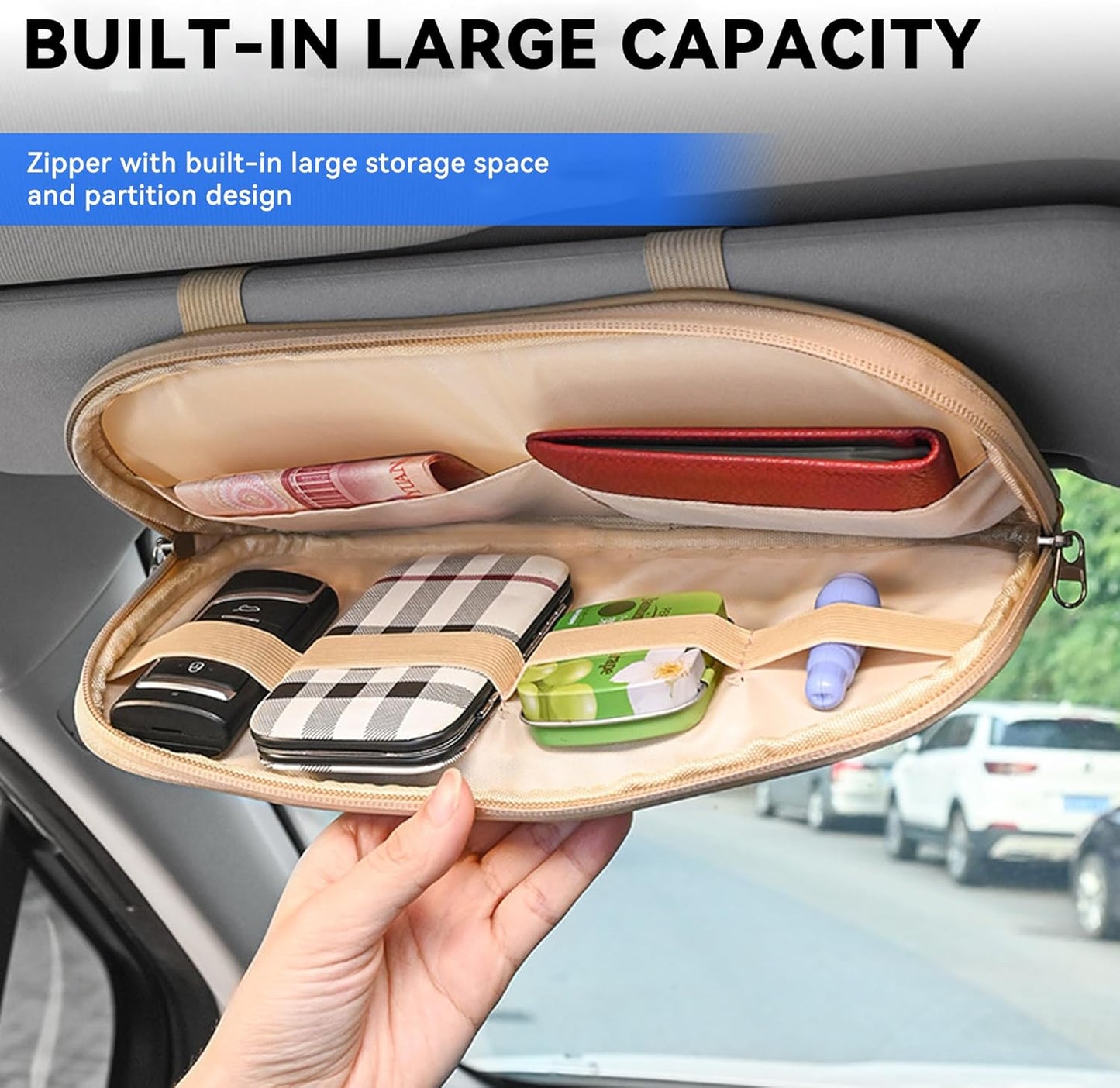Car Sun Visor Organizer, Sunglass Holder and Storage Pocket, Card Cash Pouch with Multi-Pocket Net Zipper, Case Bag for License Pen Key, Auto Accessories for Truck, SUV, Van (Purple)
