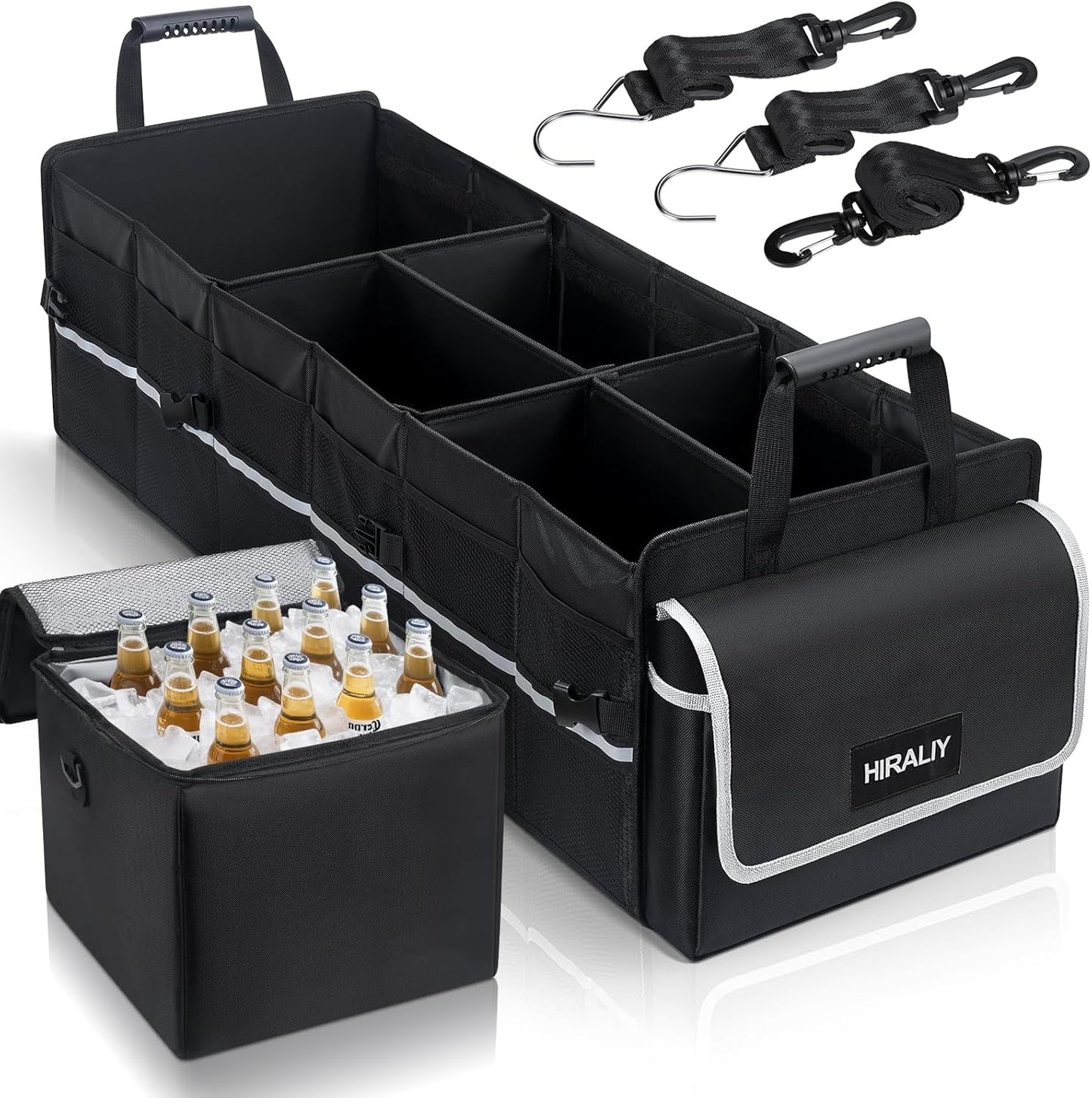 HIRALIY 4 in 1 Car Trunk Storage Organizer with Leakproof Cooler Bag, Multi-Compartment Foldable Trunk Storage Box for Car Truck SUV Black