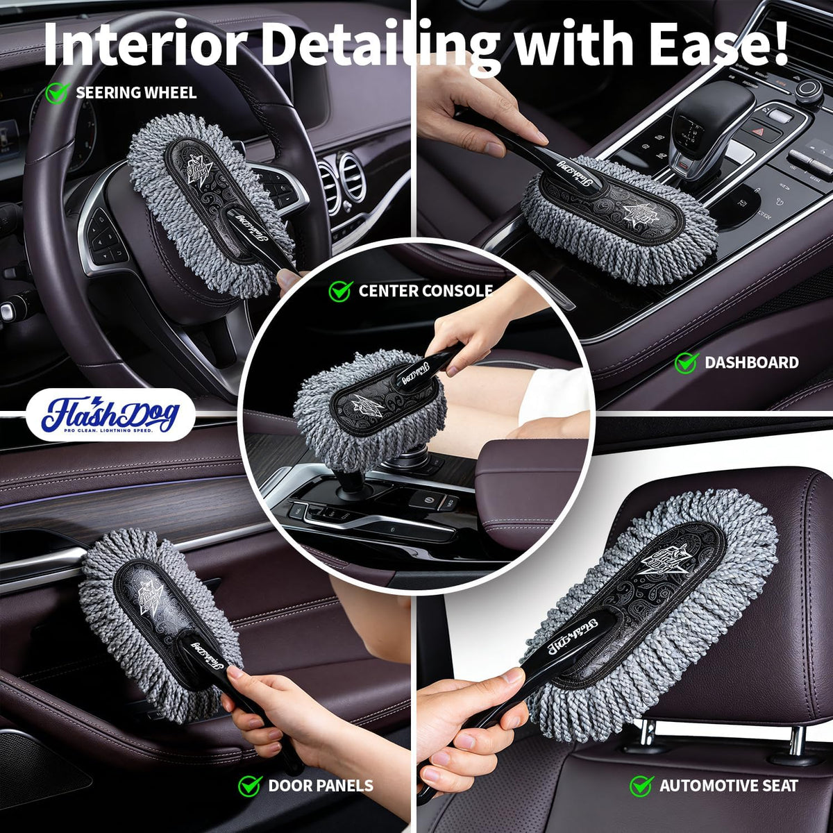Flash Dog Car Duster Exterior with Car Duster Interior Wax Cotton Hair Scratch Free Cleaning for Cars, SUVs, Trucks | Waterless Dust Remover & Detailing Brushes Set with Storage
