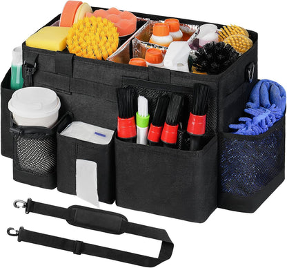 Wearable Detailing Caddy, Car Care Carrying Bag with Handle and Detachable Padded Cushion for Auto Cleaning Supplies & Vehicle Wash Tools, Black
