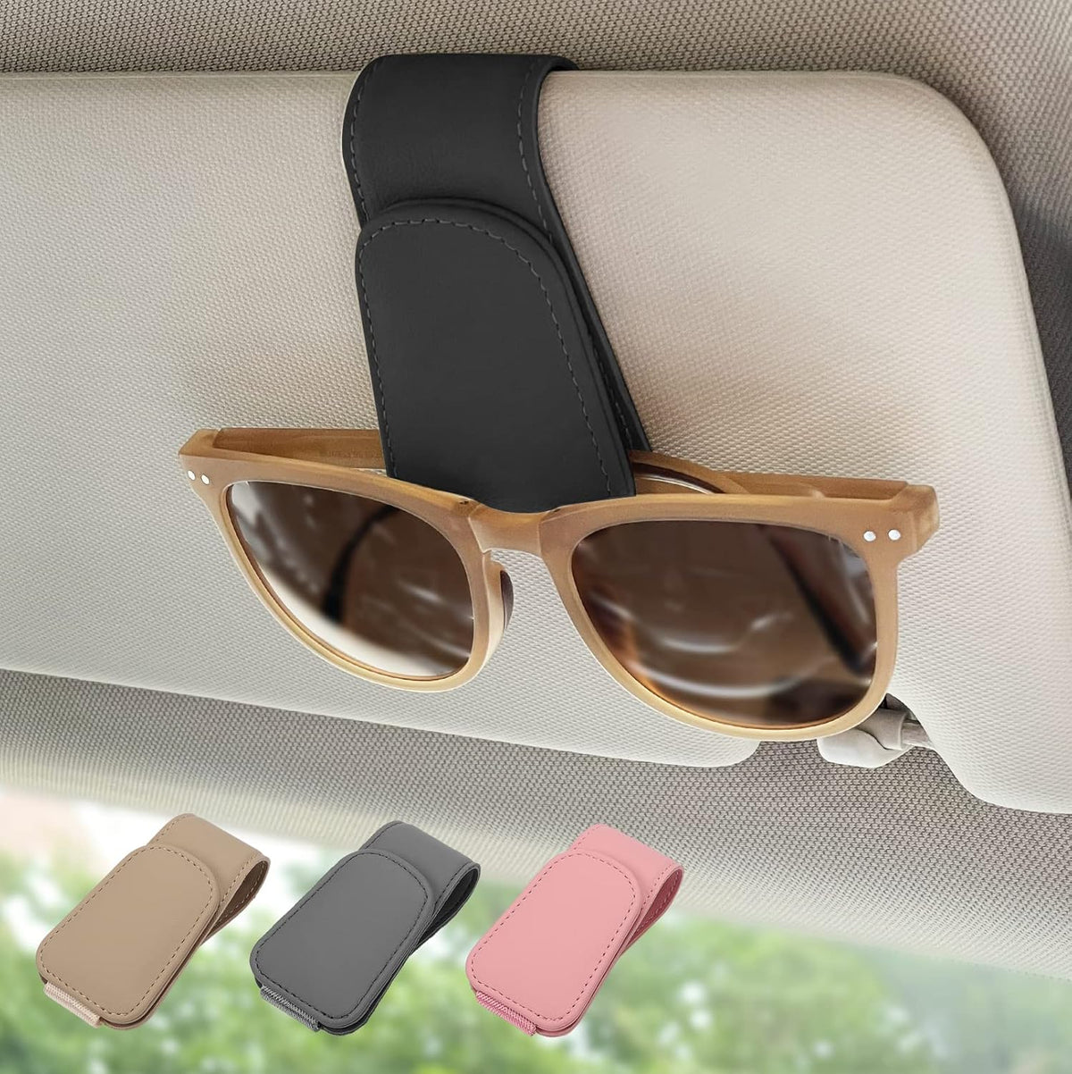 2 Pack Magnetic Leather Sunglass Holder, Eyeglass Hanger Clip for Car Sun Visor, Suitable for Different Size Eyeglasses(Black, 2 Pack)